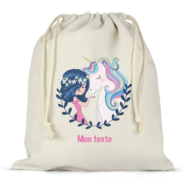 Personalized drawstring lunch box bag - Girl and unicorn