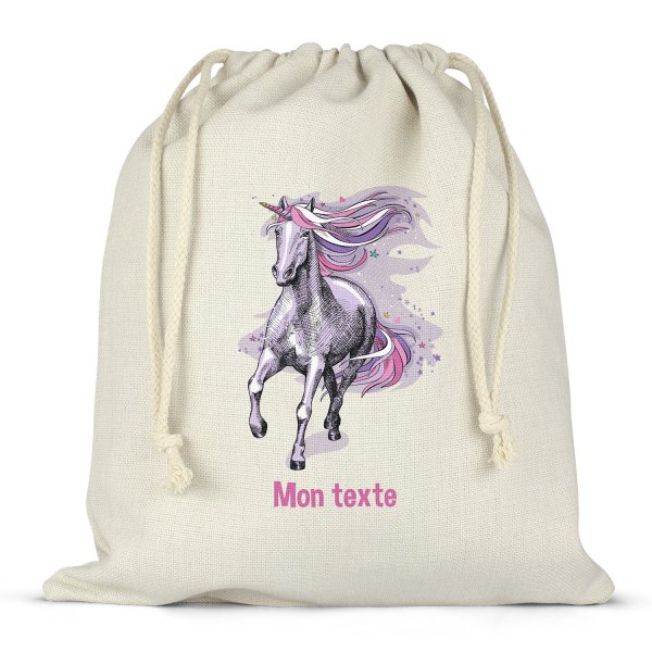 Personalized drawstring lunch box bag - Purple unicorn