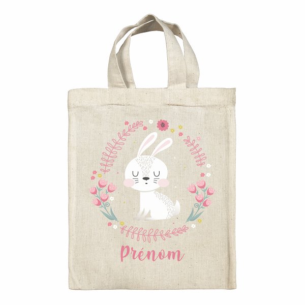 Personalized Easter tote bag - White bunny and flowers