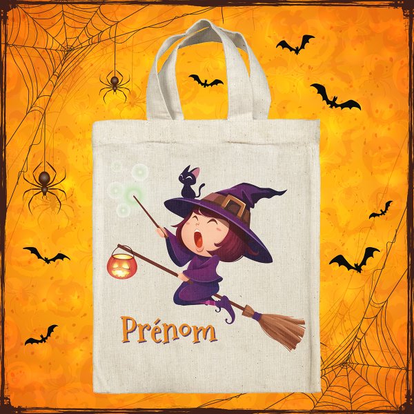 Personalized Halloween tote bag - Witch on her broomstick