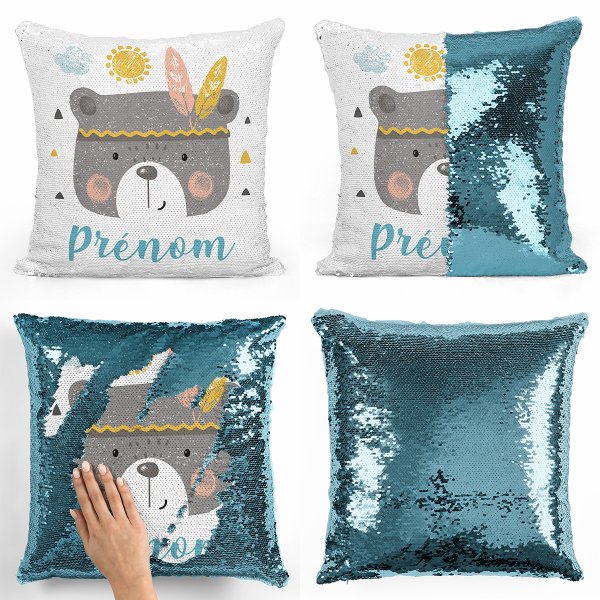 Personalized magic sequin cushion - American Indian bear