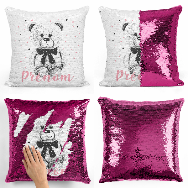 Personalized magic sequin cushion - Bear and hearts