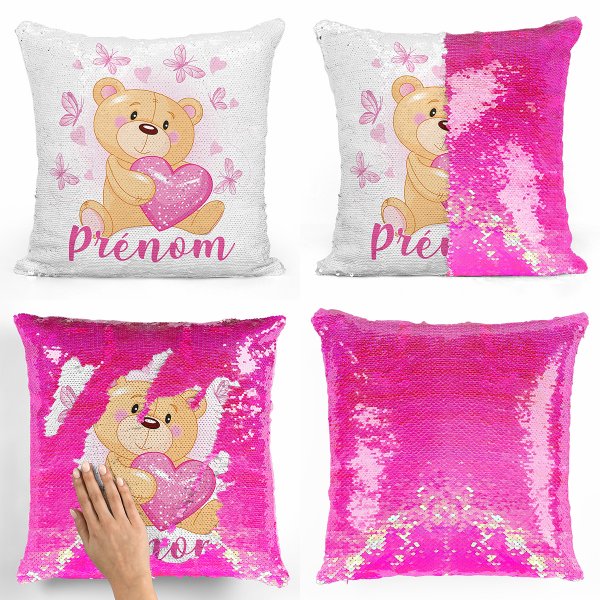 Personalized magic sequin cushion - Bear, hearts and butterflies