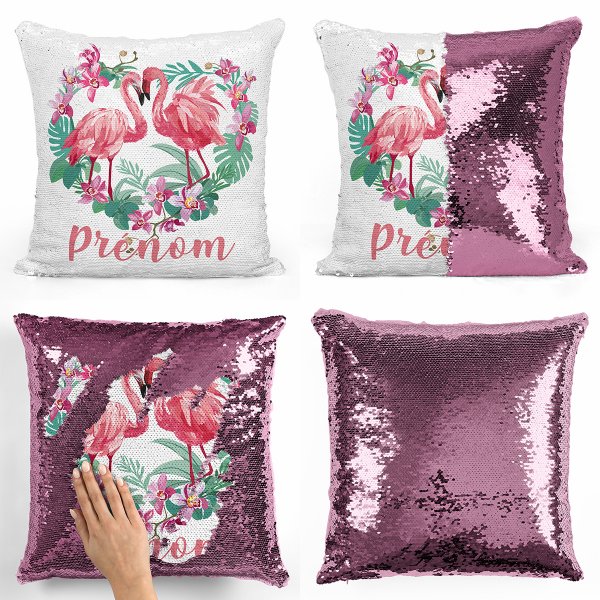 Personalized magic sequin cushion - Flamingos and heart