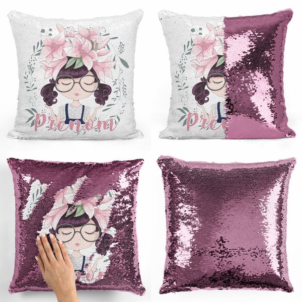 Personalized magic sequin cushion - Girl and flowers