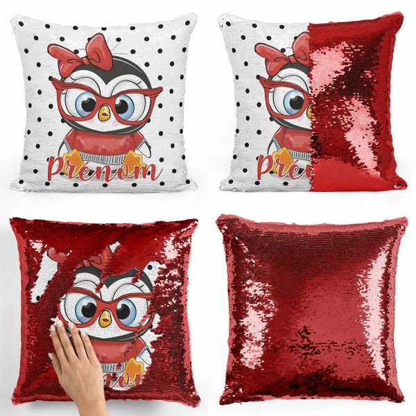 Personalized magic sequin cushion - Penguin wearing glasses