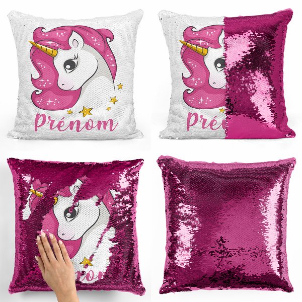 Personalized magic sequin cushion - Pink unicorn and stars