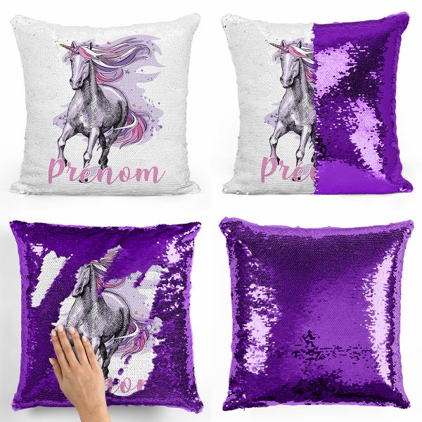 Personalized magic sequin cushion - Purple unicorn