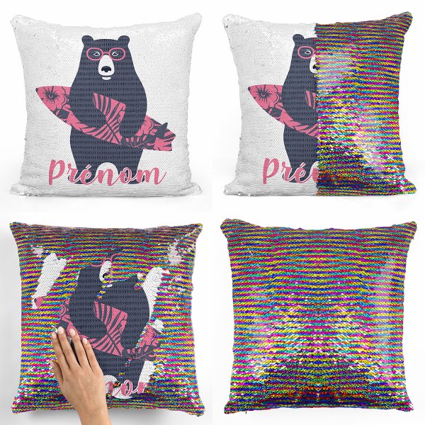 Personalized magic sequin cushion - Surfer bear