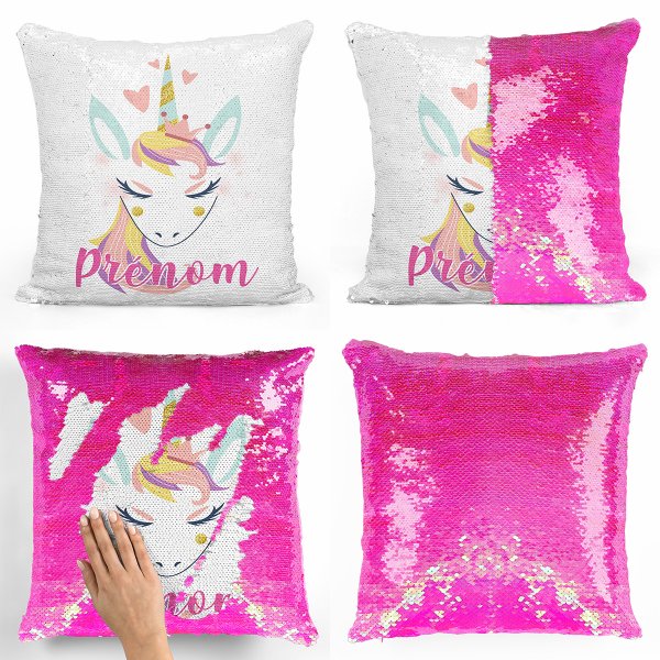 Personalized magic sequin cushion - Unicorn and hearts