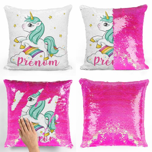 Personalized magic sequin cushion - Unicorn, cloud and rainbow