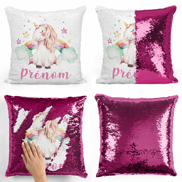 Personalized magic sequin cushion - Unicorn, stars and rainbow